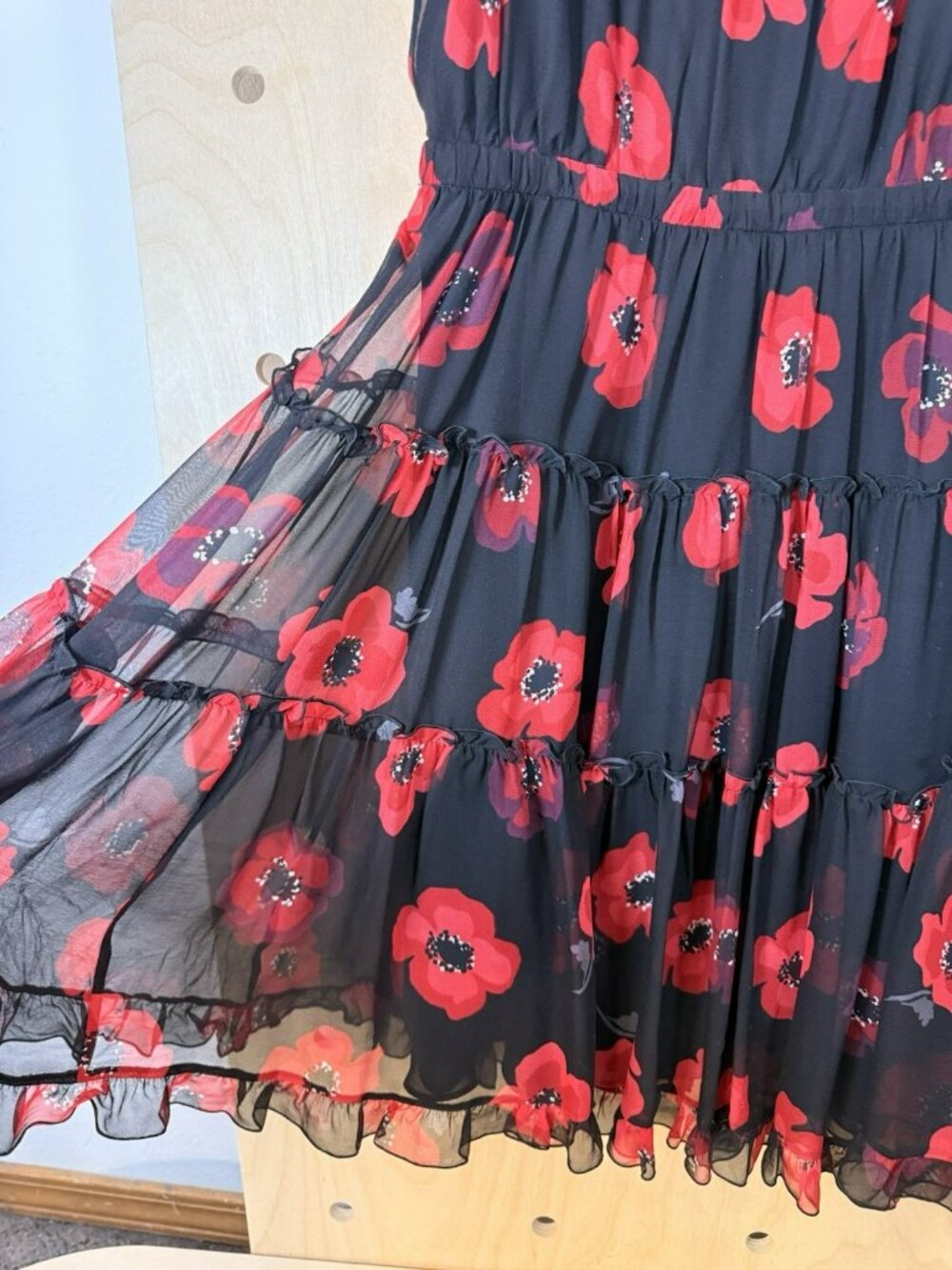 Kate Spade Poppy Chiffon Fit & Flare Mini Dress 6 Ruffles Red Black Silk Floral - Picture 7 of 16